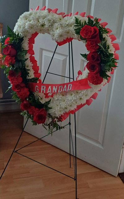 Open Heart (On a stand) - Red and white tribute wreath Open Heart (On a stand) - Red and white tribute wreath