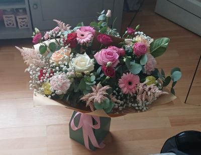 Blush Harmony Hand-Tied - Soft, elegant and beautifully romantic, this hand-tied bouquet features pink roses, germinis, spray roses, peach blooms, delicate gypsophila and fresh eucalyptus. Arranged in an aqua box with a pretty pink bow, it’s the perfect gift for birthdays, anniversaries or simply showing you care.