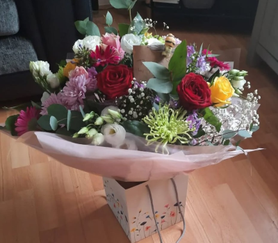 Sweet Meadow - A mixed pastel flower bouquet with roses, seasonal flowers and fresh greenery. Hand-tied and perfect for any occasion.