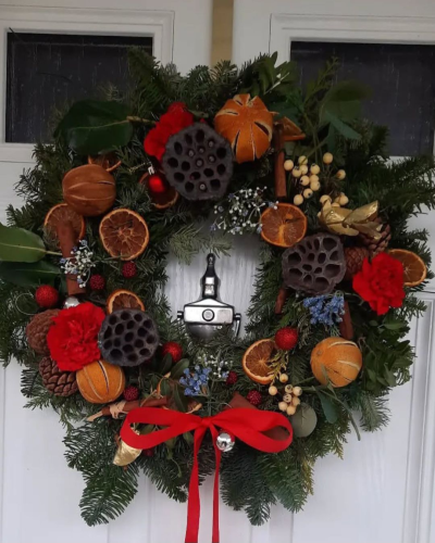 Classic Christmas Wreath - Traditional Christmas Door Wreath – A handmade festive wreath with fresh greenery, dried oranges, pinecones, cinnamon and red accents. Classic and seasonal.