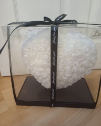 Forever Yours Foam Heart White - A timeless white foam rose heart presented in a clear display box — an elegant, long-lasting gift symbolising love, devotion, and special moments.