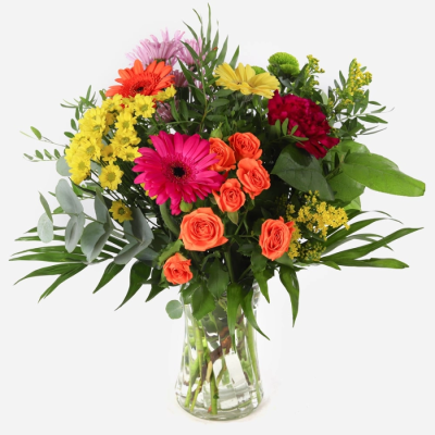 A Little Ray of Sunshine - A Little Ray of Sunshine is a petite vase arrangement of vibrant blooms and fresh greenery, full of warmth and colour.